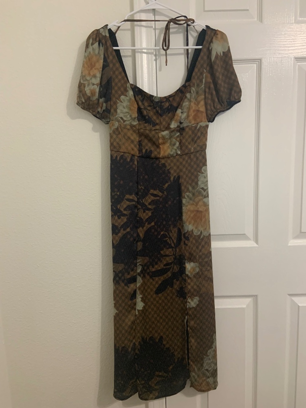 BCX Floral Midi Dress Size Small Brown Puff Sleeve Square Neck Back Zip